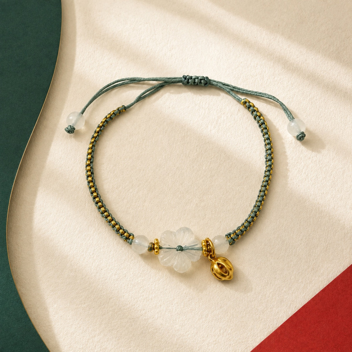 A Thread of Joy · Braided Glass Bracelet · White plum blossom & lotus