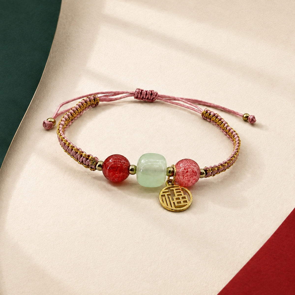 A Thread of Joy · Braided Glass Bracelet · Jade-look glass charm