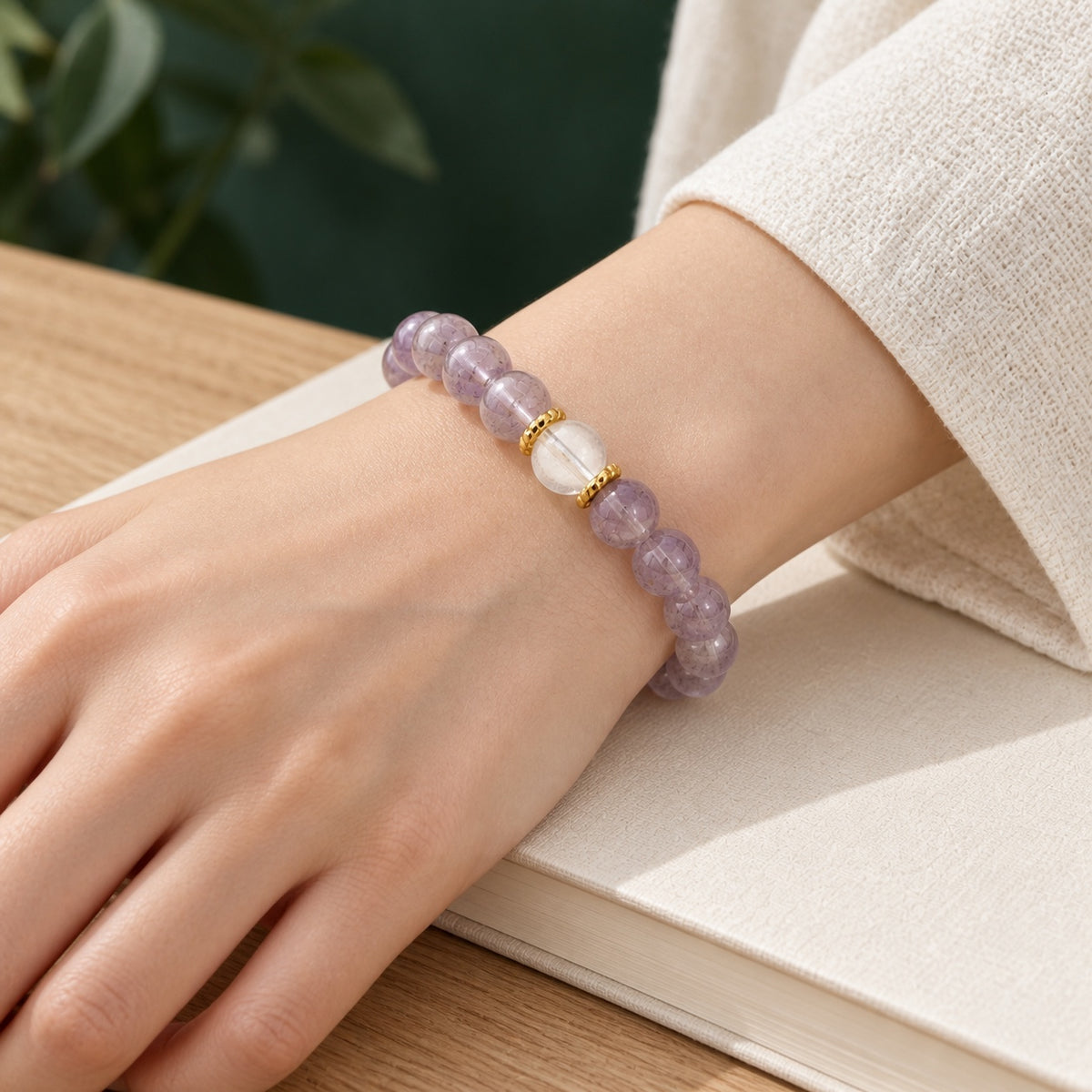 Purple Dawn · Amethyst Bead Bracelet · One strand · Lifestyle view